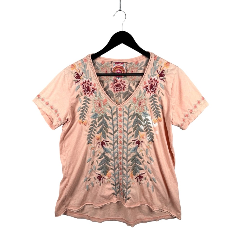 Johnny Was Embroidered Multicolor Double Sided Floral Tee T Shirt Top Women's M